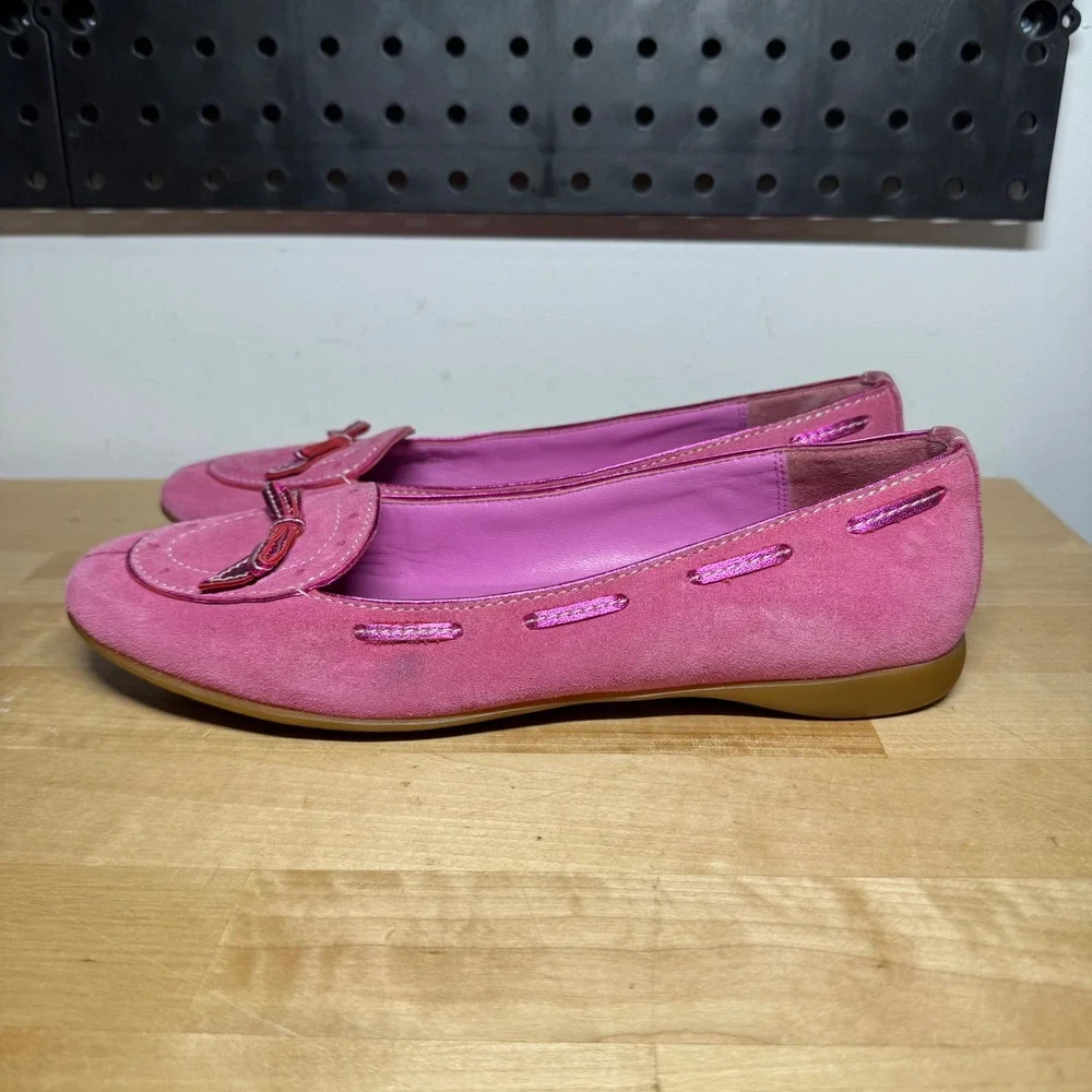 Coach Pink Suede Flats Metallic Bow Loafers Barbiecore A00262 Womens Size 7.5B